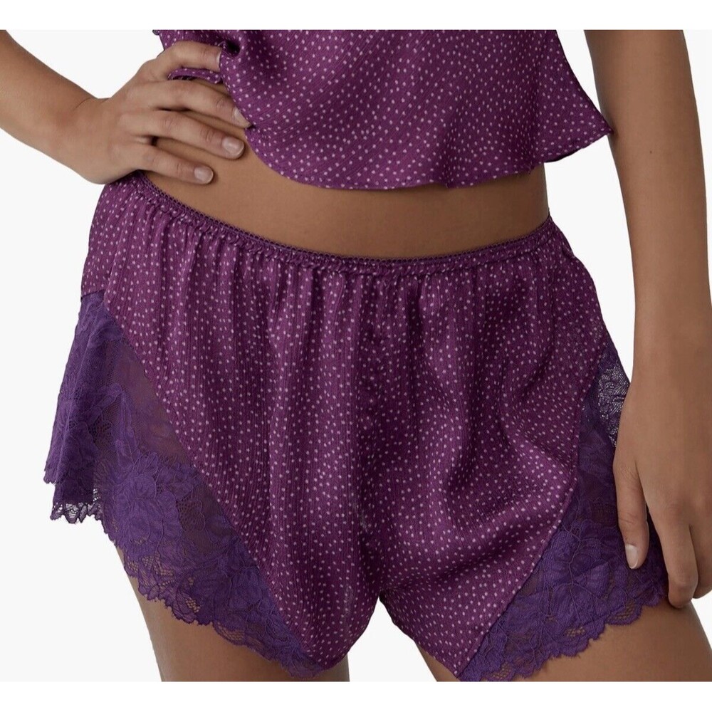 Free People Dotted Lace Trim Pajama Shorts Purple & White Size Small NWT
